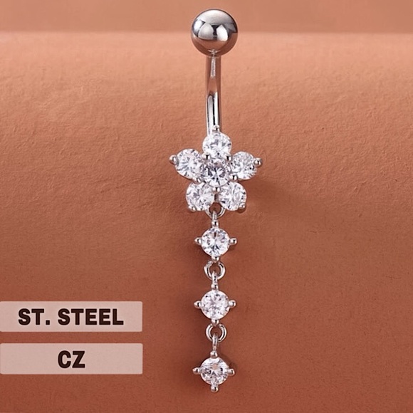 🔵𝟲𝟱%𝗢𝗙𝗙 𝗯𝘂𝗻𝗱𝗹𝗲𝘀 𝟯+🔵 NEW CZ Flower Stainless Steel Navel Ring - Picture 1 of 7